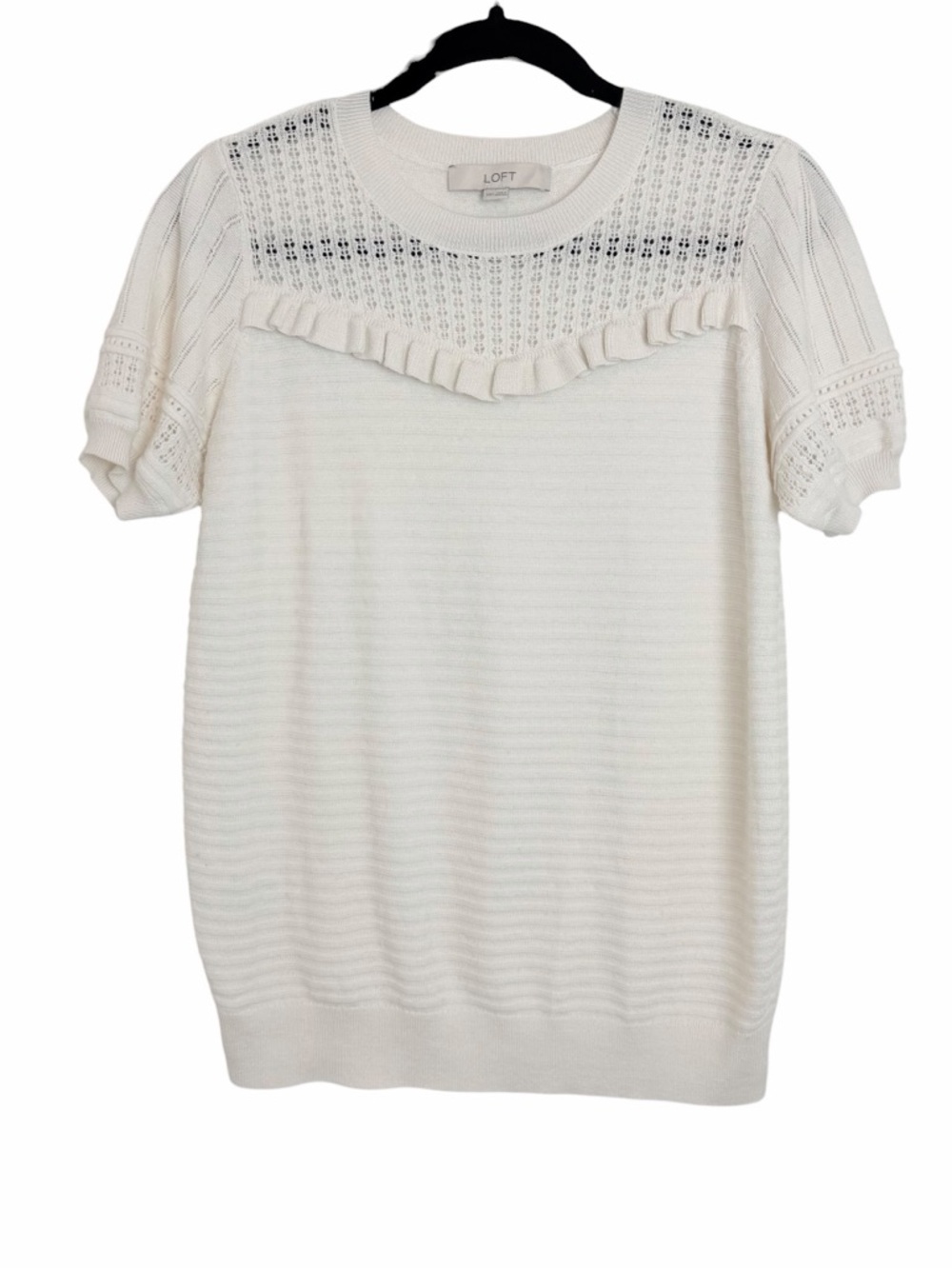 LOFT Ivory Ruffle Yoke Short Sleeve Knit Sweater